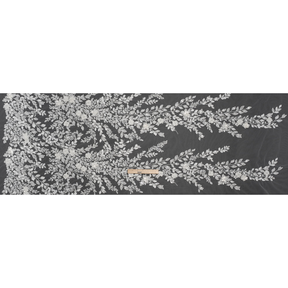 Embroidered 3D Lace with Beads and Sequins - White Floral Vines