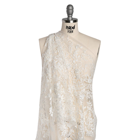 Embroidered 3D Lace with Beads and Sequins - White Floral Vines