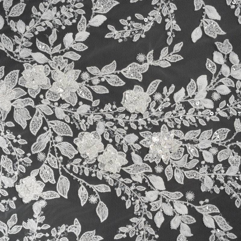 Embroidered 3D Lace with Beads and Sequins - White Floral Vines