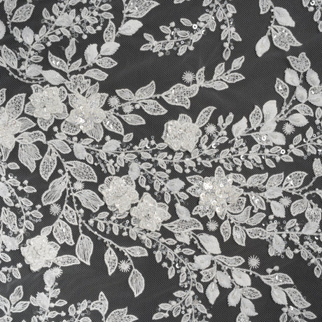 Embroidered 3D Lace with Beads and Sequins - White Floral Vines