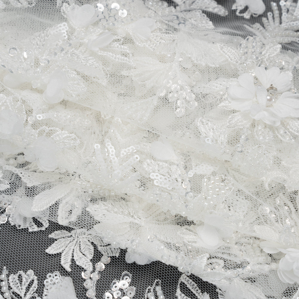 Beaded and Sequined Embroidered Lace with 3D Fabric Flowers - White Floral Vines