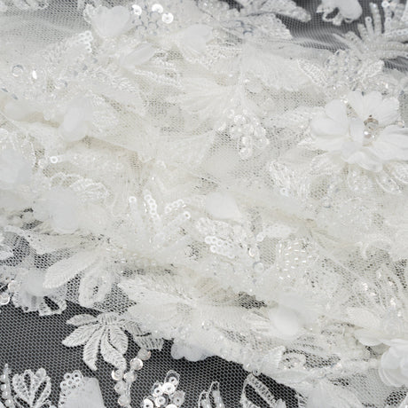 Beaded and Sequined Embroidered Lace with 3D Fabric Flowers - White Floral Vines