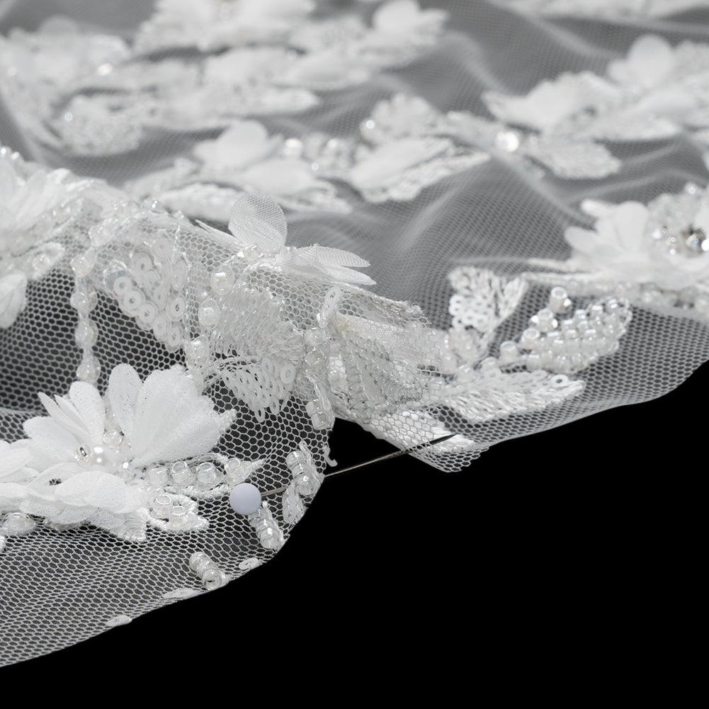 Beaded and Sequined Embroidered Lace with 3D Fabric Flowers - White Floral Vines