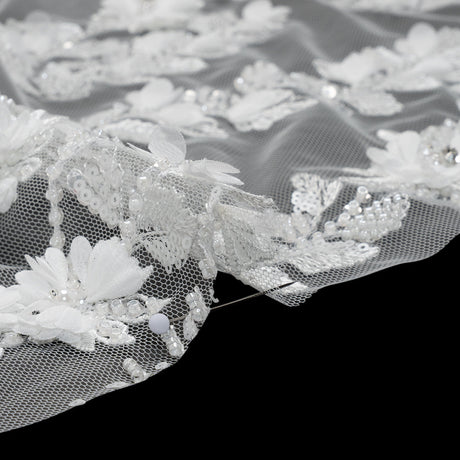 Beaded and Sequined Embroidered Lace with 3D Fabric Flowers - White Floral Vines