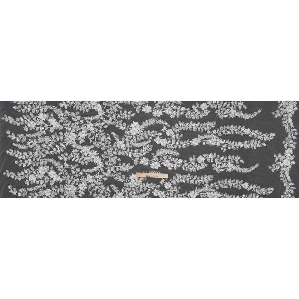 Beaded and Sequined Embroidered Lace with 3D Fabric Flowers - White Floral Vines