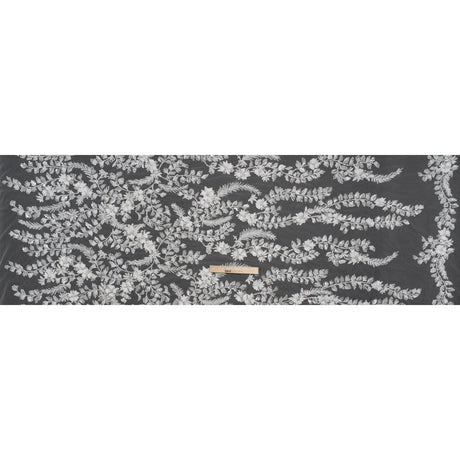 Beaded and Sequined Embroidered Lace with 3D Fabric Flowers - White Floral Vines