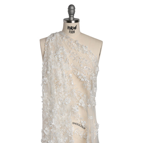 Beaded and Sequined Embroidered Lace with 3D Fabric Flowers - White Floral Vines