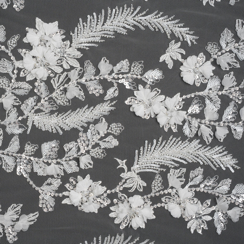 Beaded and Sequined Embroidered Lace with 3D Fabric Flowers - White Floral Vines