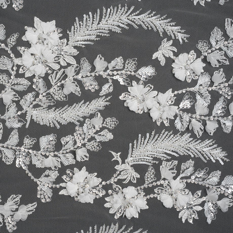 Beaded and Sequined Embroidered Lace with 3D Fabric Flowers - White Floral Vines