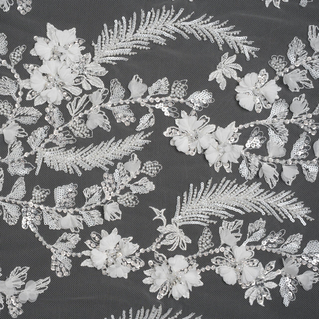 Beaded and Sequined Embroidered Lace with 3D Fabric Flowers - White Floral Vines