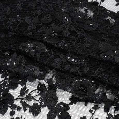 Embroidered 3D Lace with Beads and Sequins - Black Rose Bushes