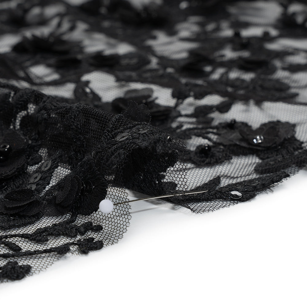 Embroidered 3D Lace with Beads and Sequins - Black Rose Bushes