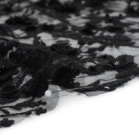 Embroidered 3D Lace with Beads and Sequins - Black Rose Bushes
