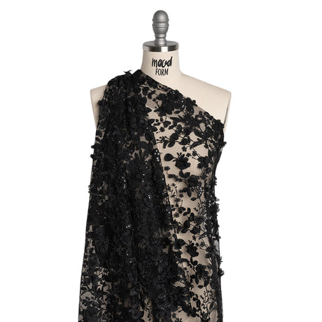 Embroidered 3D Lace with Beads and Sequins - Black Rose Bushes