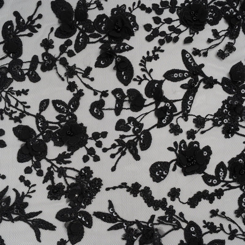 Embroidered 3D Lace with Beads and Sequins - Black Rose Bushes