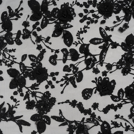 Embroidered 3D Lace with Beads and Sequins - Black Rose Bushes