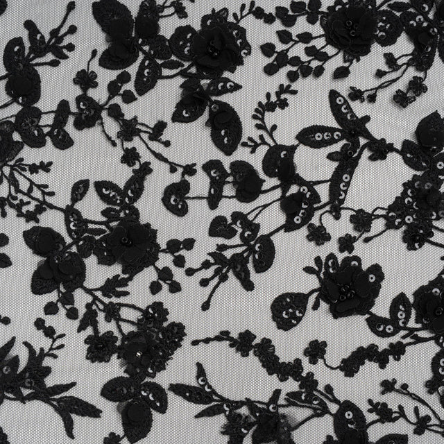 Embroidered 3D Lace with Beads and Sequins - Black Rose Bushes
