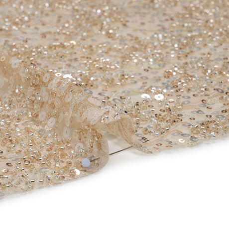 Embroidered and Applique Lace with Gold and Silver Beads and Sequins - Beige Floral Confetti