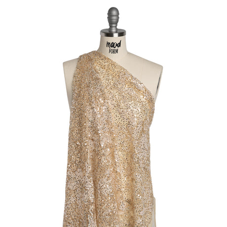 Embroidered and Applique Lace with Gold and Silver Beads and Sequins - Beige Floral Confetti
