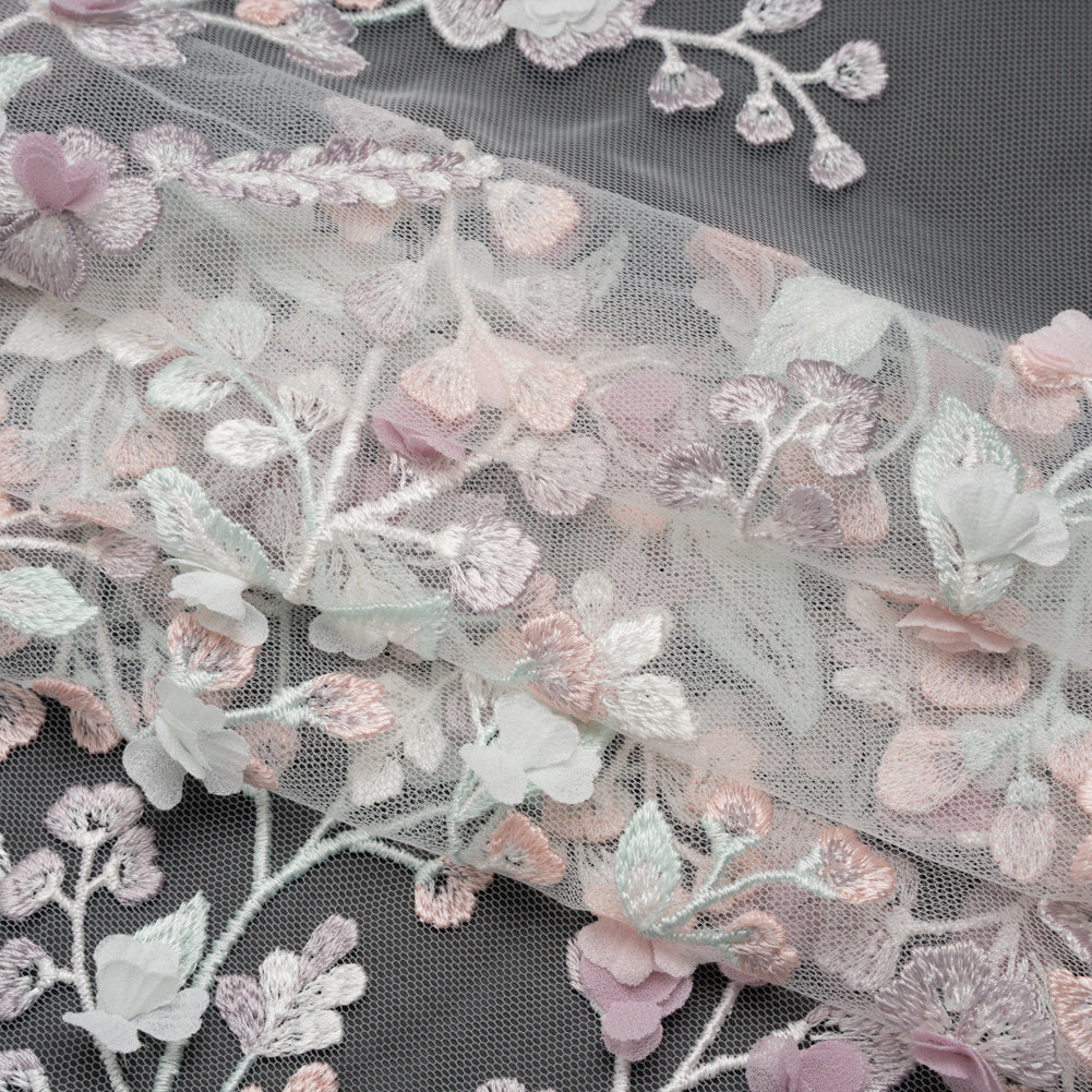 Embroidered Lace with 3D Fabric Flowers - Pastel Purple, Baby Pink and Mint Green Growing Flowers
