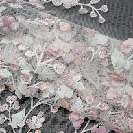 Embroidered Lace with 3D Fabric Flowers - Pastel Purple, Baby Pink and Mint Green Growing Flowers