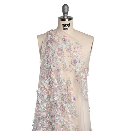 Embroidered Lace with 3D Fabric Flowers - Pastel Purple, Baby Pink and Mint Green Growing Flowers