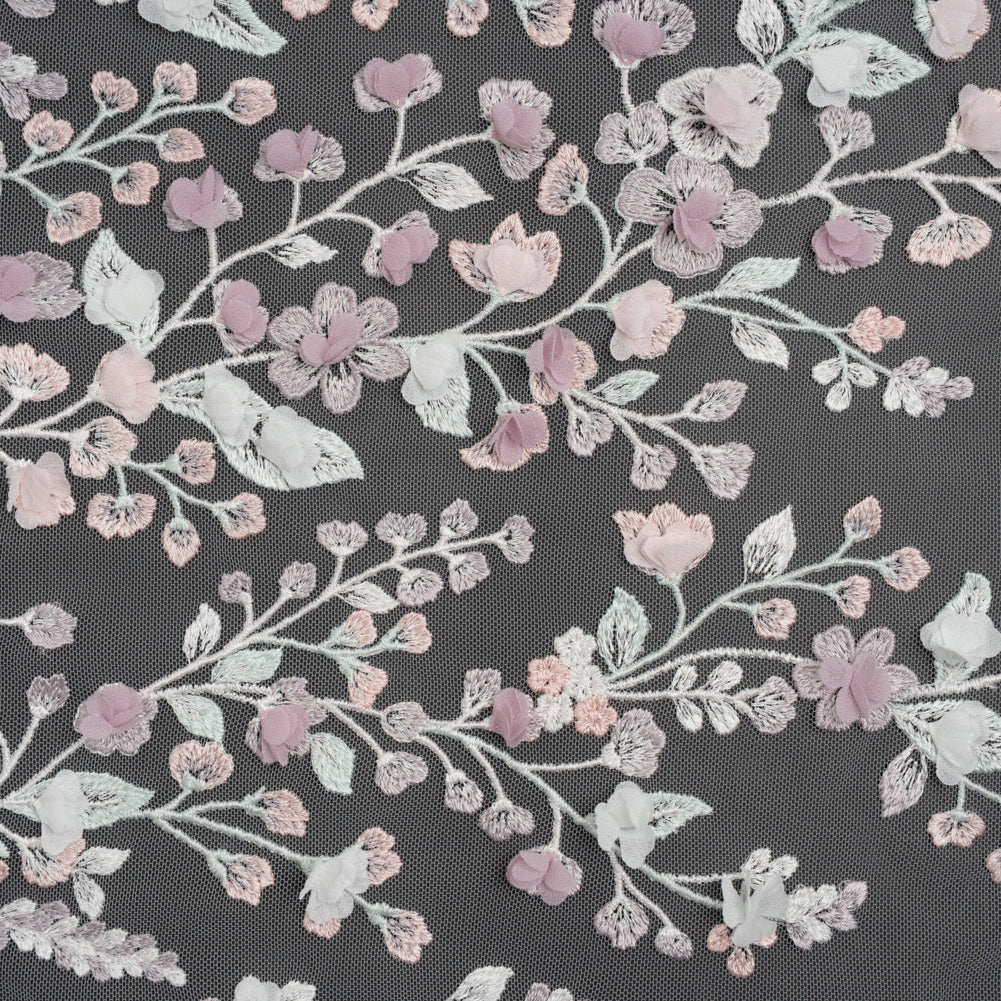 Embroidered Lace with 3D Fabric Flowers - Pastel Purple, Baby Pink and Mint Green Growing Flowers