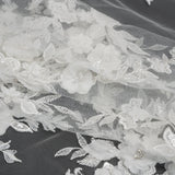 Beaded Embroidered Lace with 3D Fabric Flowers - White Flower Bunches with Pearls