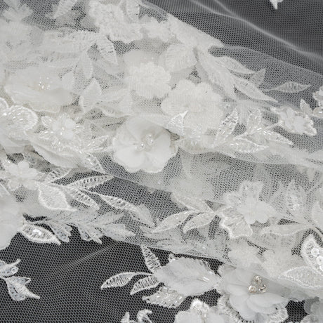 Beaded Embroidered Lace with 3D Fabric Flowers - White Flower Bunches with Pearls