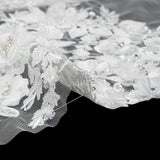 Beaded Embroidered Lace with 3D Fabric Flowers - White Flower Bunches with Pearls