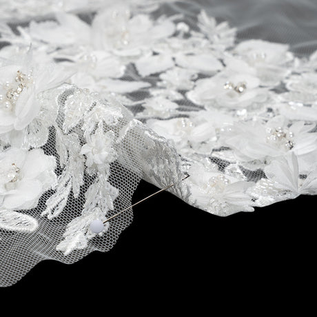 Beaded Embroidered Lace with 3D Fabric Flowers - White Flower Bunches with Pearls