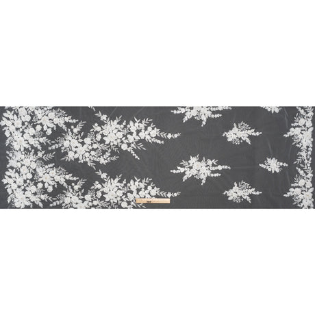 Beaded Embroidered Lace with 3D Fabric Flowers - White Flower Bunches with Pearls
