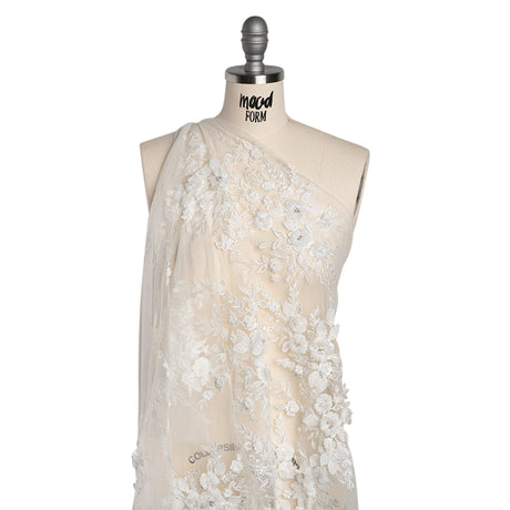 Beaded Embroidered Lace with 3D Fabric Flowers - White Flower Bunches with Pearls