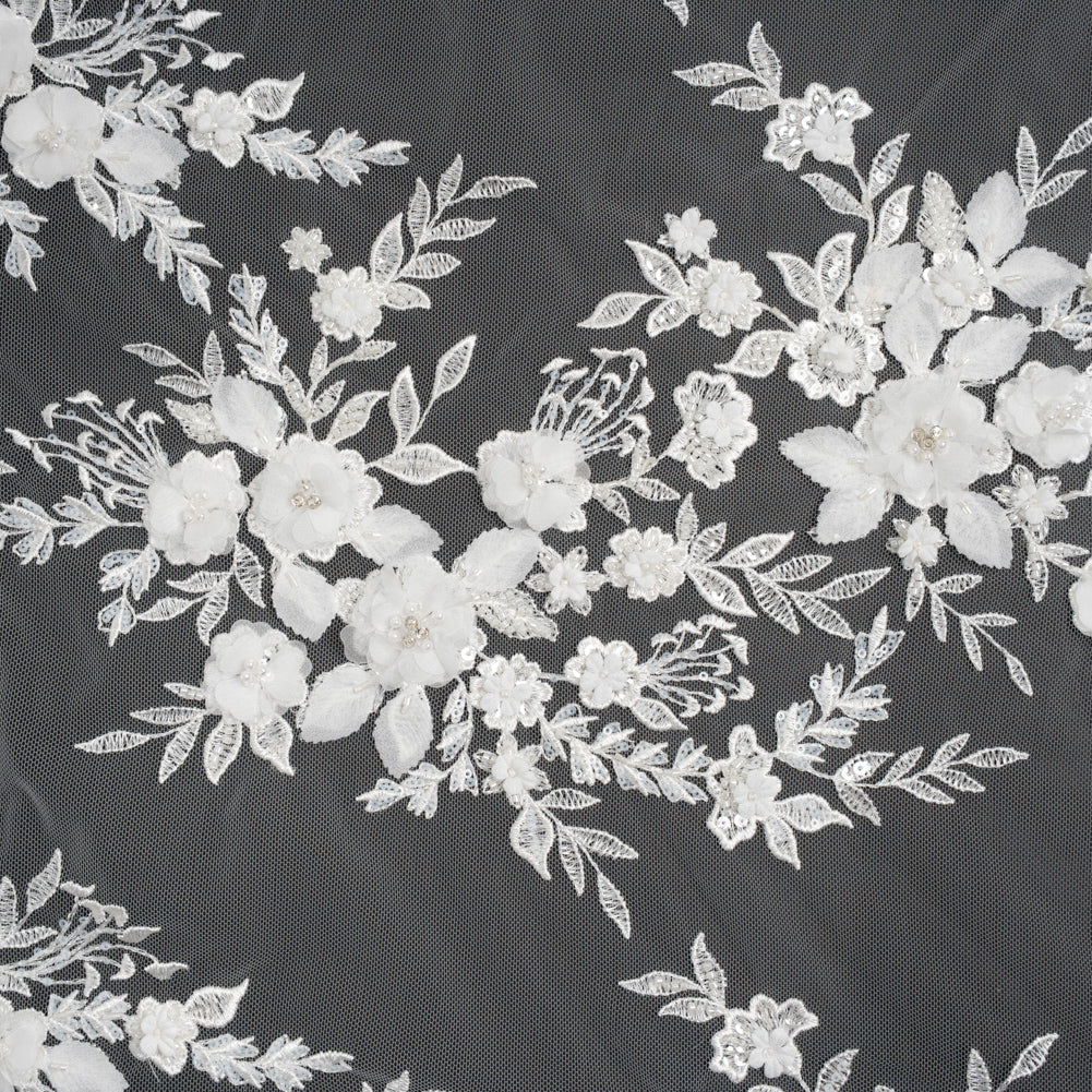 Beaded Embroidered Lace with 3D Fabric Flowers - White Flower Bunches with Pearls