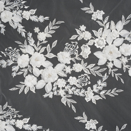 Beaded Embroidered Lace with 3D Fabric Flowers - White Flower Bunches with Pearls