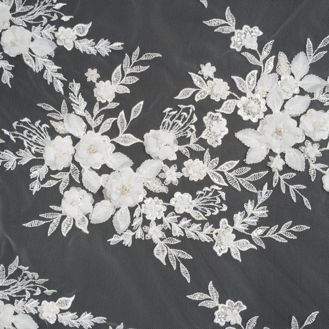 Beaded Embroidered Lace with 3D Fabric Flowers - White Flower Bunches with Pearls
