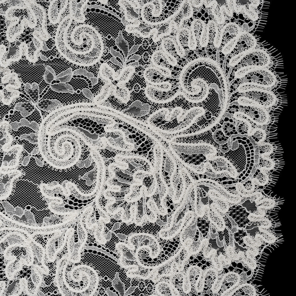 Picot Braid Embroidered Chantilly Lace with Finished Edges - White and Ivory Floral Swirls