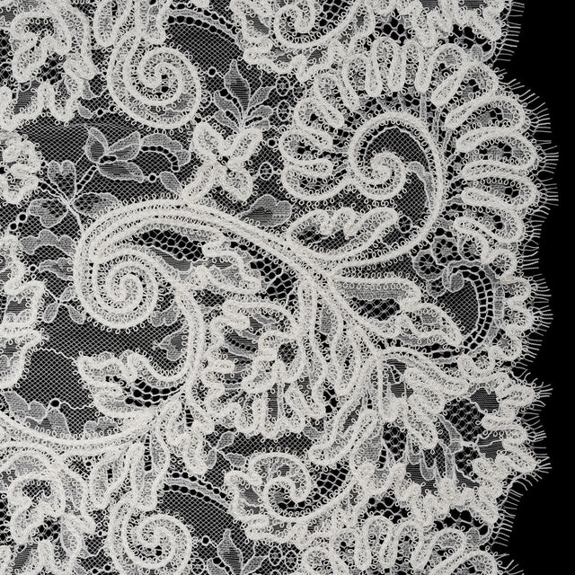 Picot Braid Embroidered Chantilly Lace with Finished Edges - White and Ivory Floral Swirls