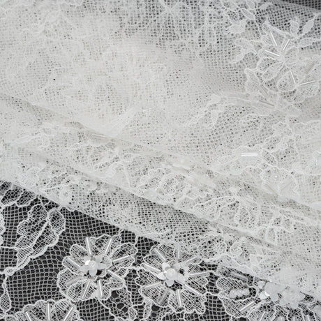 Beaded and Sequins Chantilly Lace with Finished Edges - White Flowers and Leaves