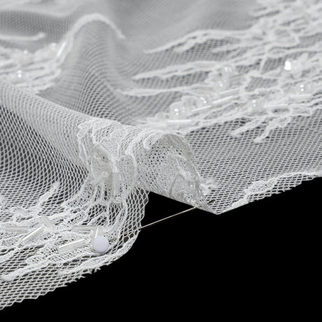 Beaded and Sequins Chantilly Lace with Finished Edges - White Flowers and Leaves