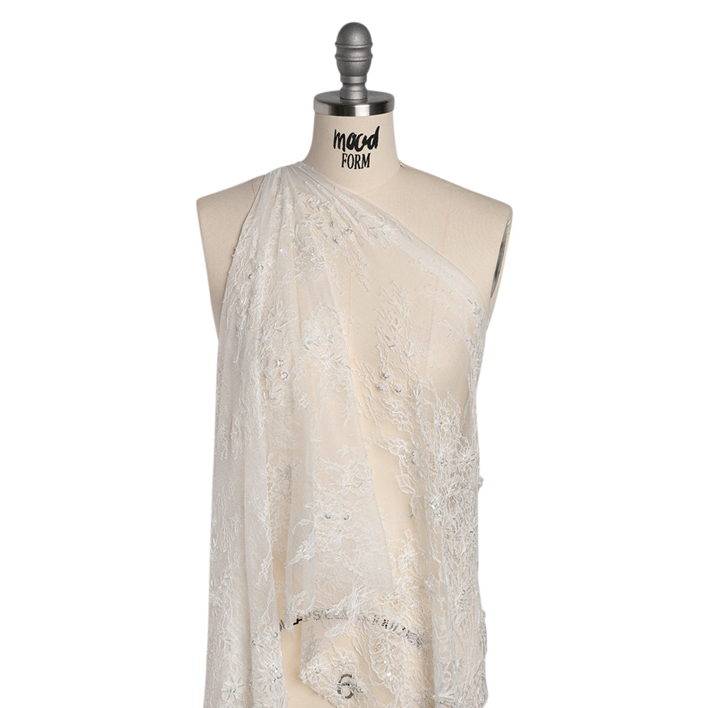 Beaded and Sequins Chantilly Lace with Finished Edges - White Flowers and Leaves