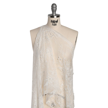 Beaded and Sequins Chantilly Lace with Finished Edges - White Flowers and Leaves