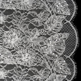 Beaded and Sequins Chantilly Lace with Finished Edges - White Flowers and Leaves