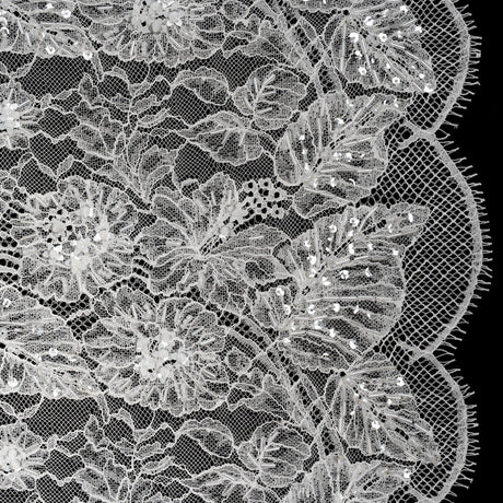 Beaded and Sequins Chantilly Lace with Finished Edges - White Flowers and Leaves