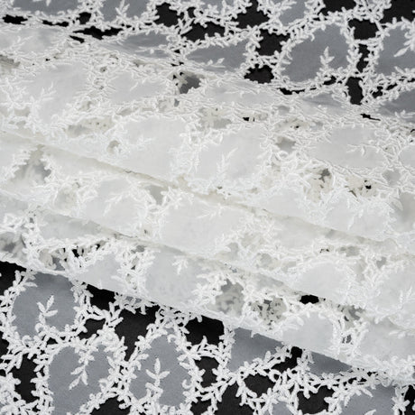 Burnout Embroidered Lace with Finished Edges - White Leafy Lines