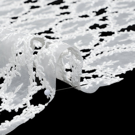 Burnout Embroidered Lace with Finished Edges - White Leafy Lines