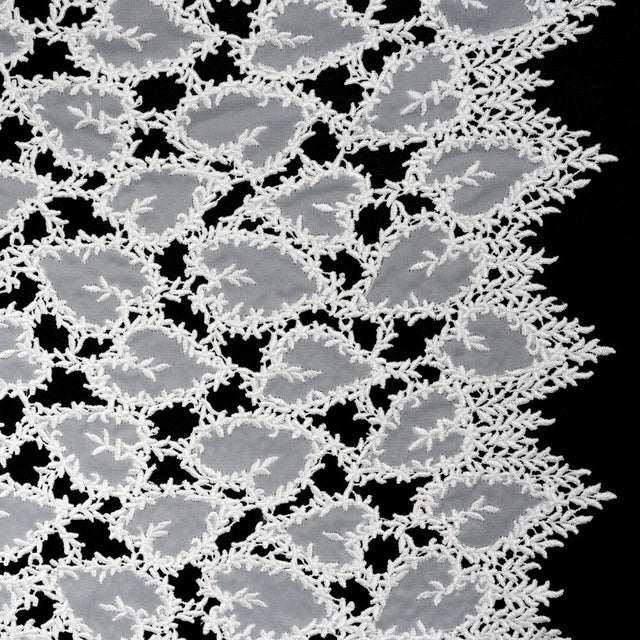 Burnout Embroidered Lace with Finished Edges - White Leafy Lines