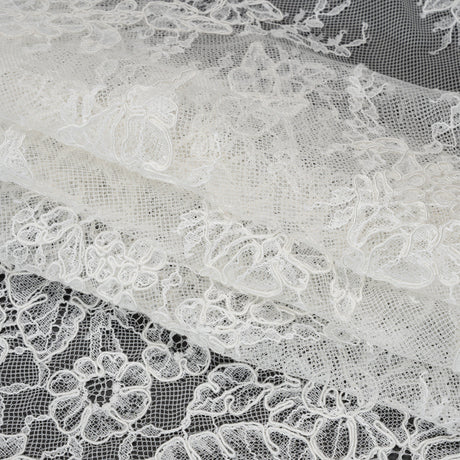 Corded Chantilly Lace with Finished Edges - Ivory Tropical Leaves and Flowers