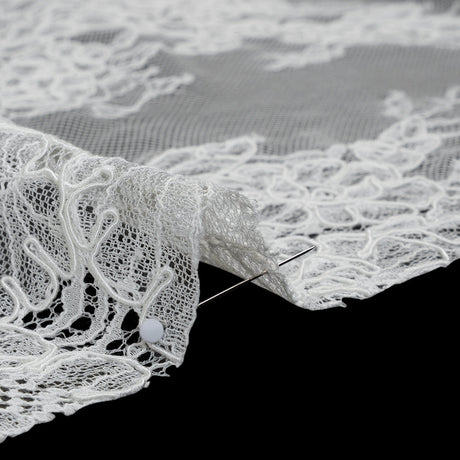 Corded Chantilly Lace with Finished Edges - Ivory Tropical Leaves and Flowers