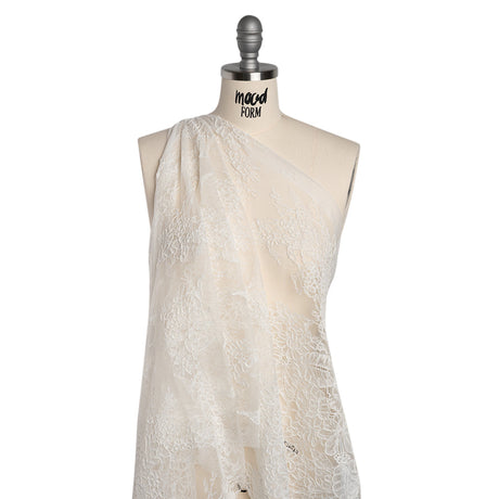 Corded Chantilly Lace with Finished Edges - Ivory Tropical Leaves and Flowers